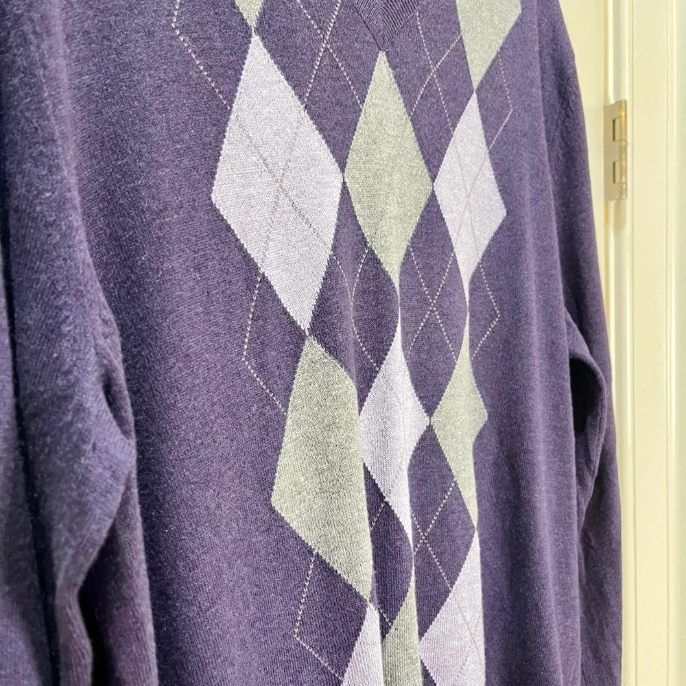 Banana Republic Sweater Purple Silk & Cashmere Blend Argyle V-Neck Size L